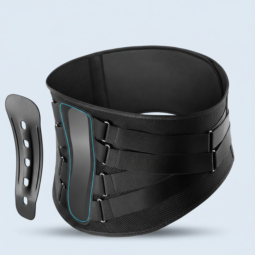 Lumbar support back brace on light blue background, no text